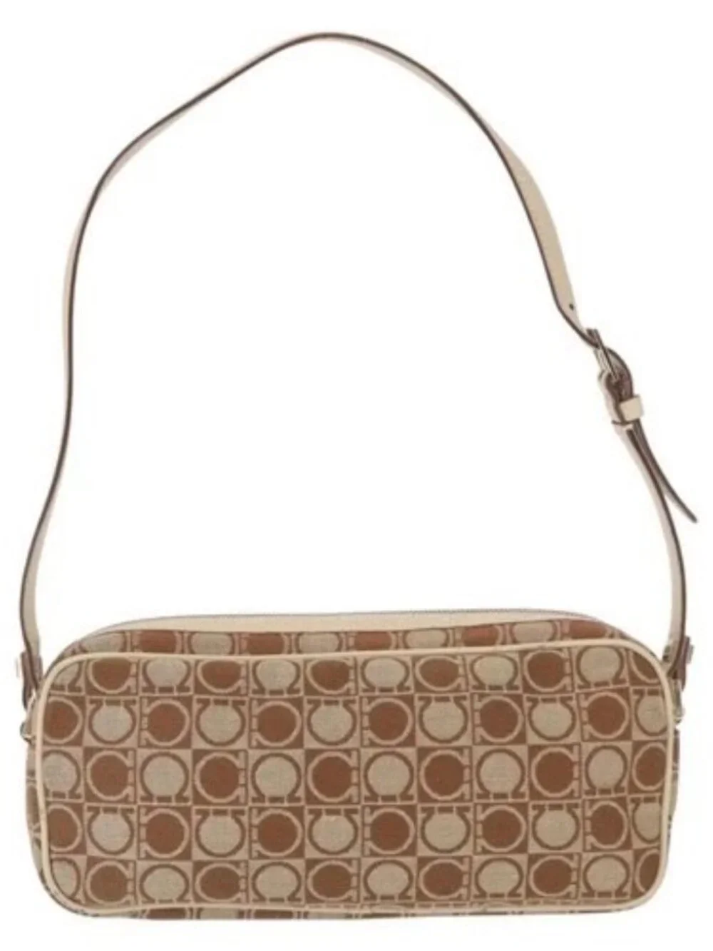 Salvatore Ferragamo Gancini Shoulder Bag Canvas Leather Beige Gold Auth BA7672